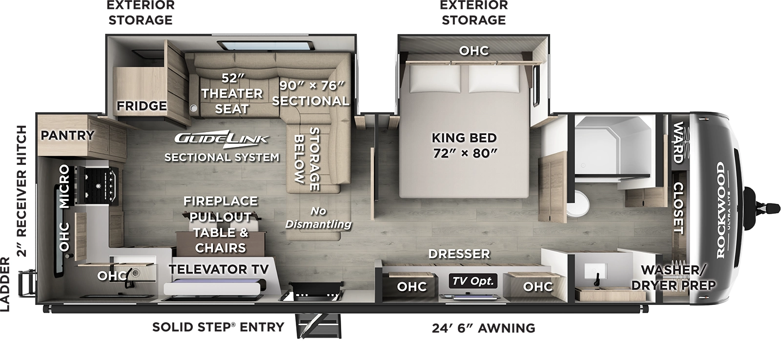 The Rockwood Ultra Lite Travel Trailers 2711RK floorplan has one entry and two slide outs. Exterior features include: fiberglass exterior and 24'6" awning. Interiors features include: rear kitchen.